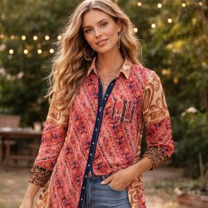 Soft Surrounding Brynn Tunic Blouse Womens Sz S Silk Boho Indie Velvet Festival